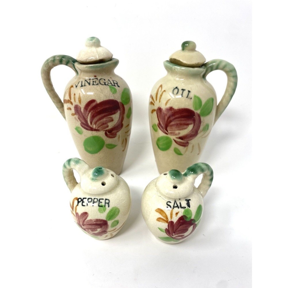 Italy Vintage Hand Painted Glazed Ceramic Oil Vinegar Salt Pepper Set READ